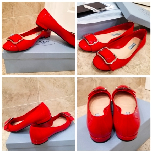 Authentic Prada Calzature Donna Vernice Red Patent Leather Buckle Ballet Flats - Picture 6 of 12